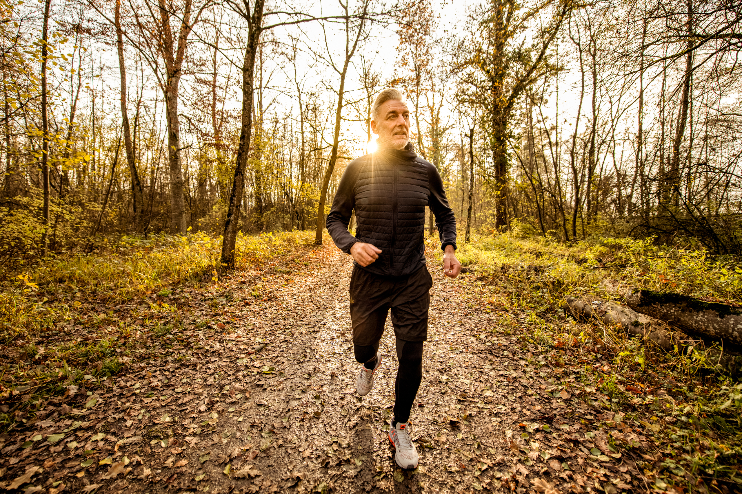 Mann joggt durch den Wald in Murten. Sportlicher Mann in Trainingsbekleidung im Wald am joggen.