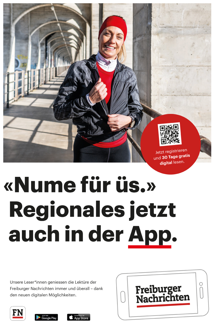 Frau im Jogginganzug auf Grandfey Brücke in Freiburg auf Inserat.