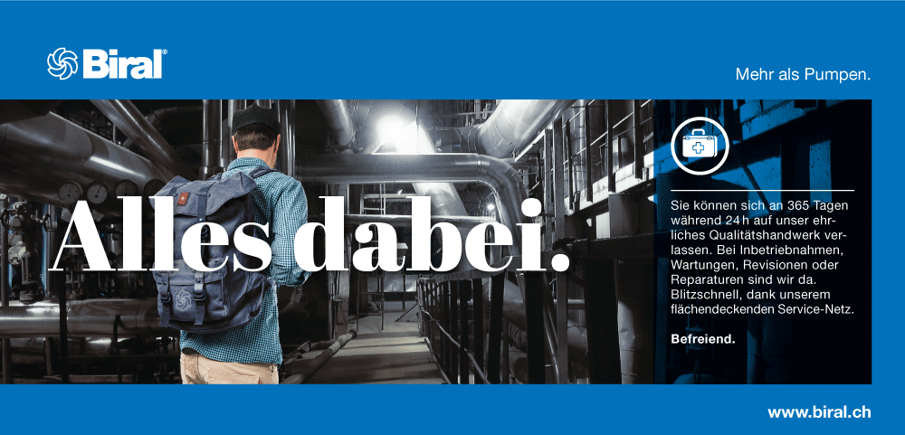 Biral Anzeige Inserat eines Pumpenherstellers in Blau. Mann mit Rucksack Symbolisiert den Slogan alles Dabei.