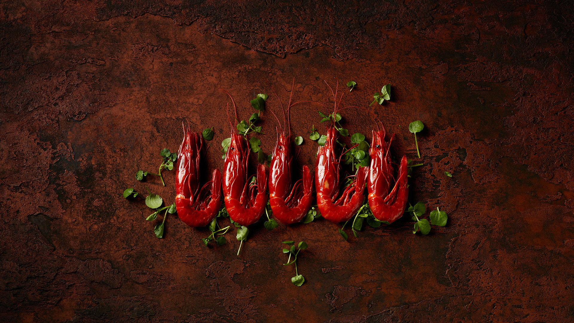 Garnelen angerichtet auf Rostplatte als Stimmungsbild