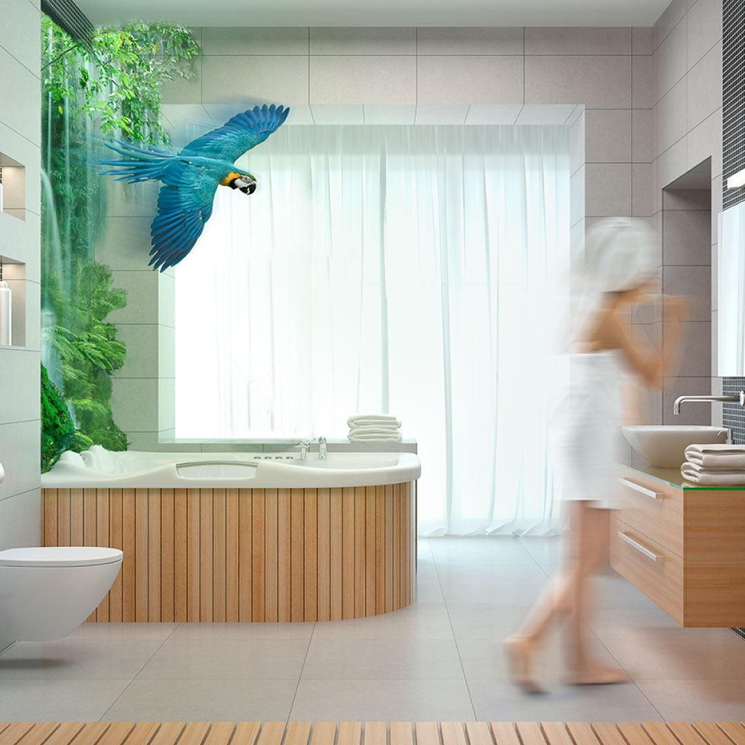 Image Bildwelt für Haustechniker in Bern. Papagei fliegt durch das Bad. Frau putzt sich die Zähne verschwommen. Bildmontage mit Wildtieren.