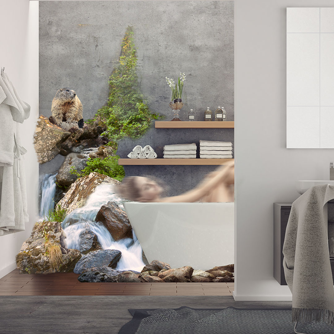 Image Bildwelt für Haustechniker in Bern. Murmeli sitzt im Bad. Frau liegt in der Badewanne verschwommen. Bildmontage mit Wildtieren.