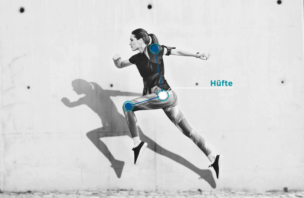 Bildkonzept Frau in schwarz weiss Bild springt neben grauer Wand und wirft einen Schatten. Gelenke mit Punkten bei Frau eingezeichnet.